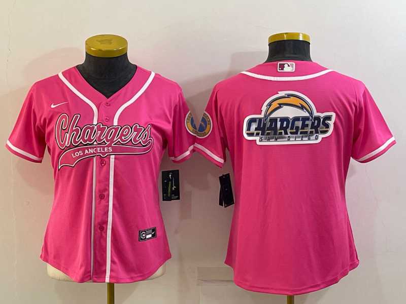 Women%27s Los Angeles Chargers Pink Team Big Logo With Patch Cool Base Stitched Baseball Jersey